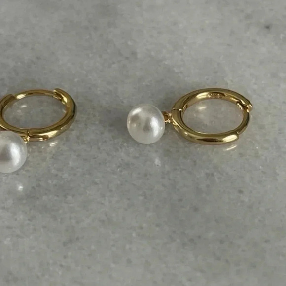 COPY - Gold Pearl Dangle Huggie Hoop Earrings - Picture 3 of 4